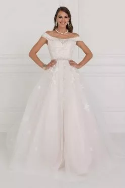 Elizabeth K Bridal - GL1589 Jewel Adorned Off Shoulder Trailing Paneled Gown