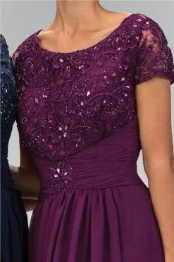 Elizabeth K Cap Sleeve Beaded Lace Bodice Chiffon Gown - 1 Pc Eggplant In Size XL Available -Wedding Dresses shop online elizabeth k cap sleeve beaded lace bodice chiffon gown 1 pc eggplant in size xl available ccsale xl eggplant 5557353480249