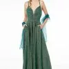 Elizabeth K - GL1828 Plunging Pleat-Ornate Bodice Glitter Lame Gown -Wedding Dresses shop online elizabeth k gl1828 plunging pleat ornate bodice glitter lame gown prom dresses xs green 28269872873555