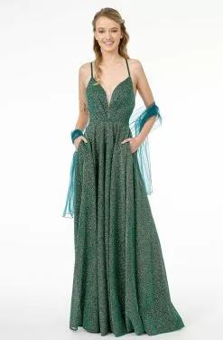 Elizabeth K - GL1828 Plunging Pleat-Ornate Bodice Glitter Lame Gown
