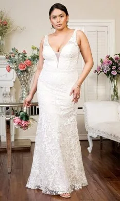 Elizabeth K Bridal Elizabeth K - GL1903 Embroidered Deep V Neck Trumpet Gown -Wedding Dresses shop online elizabeth k gl1903 embroidered deep v neck trumpet gown wedding dresses 27989417951315