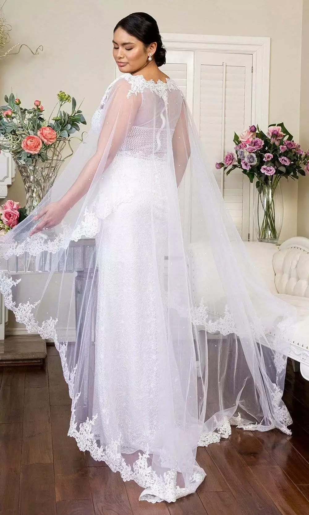 Elizabeth K Bridal Elizabeth K - GL1918 Lace Embroidered Sheath Bridal Gown With Cape 8 Elizabeth K Bridal Elizabeth K - GL1918 Lace Embroidered Sheath Bridal Gown With Cape - Image 6
