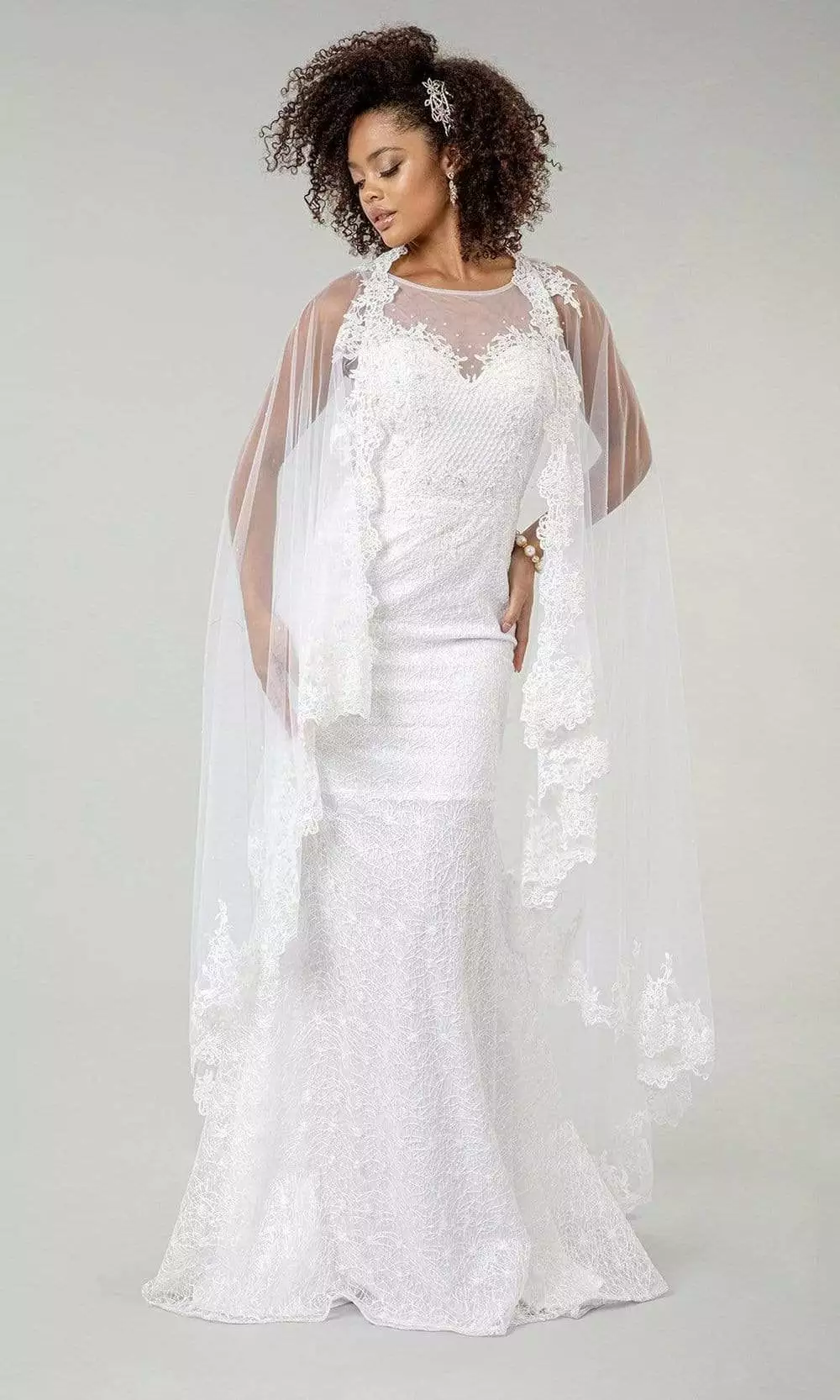 Elizabeth K Bridal Elizabeth K - GL1918 Lace Embroidered Sheath Bridal Gown With Cape 11 Elizabeth K Bridal Elizabeth K - GL1918 Lace Embroidered Sheath Bridal Gown With Cape - Image 9