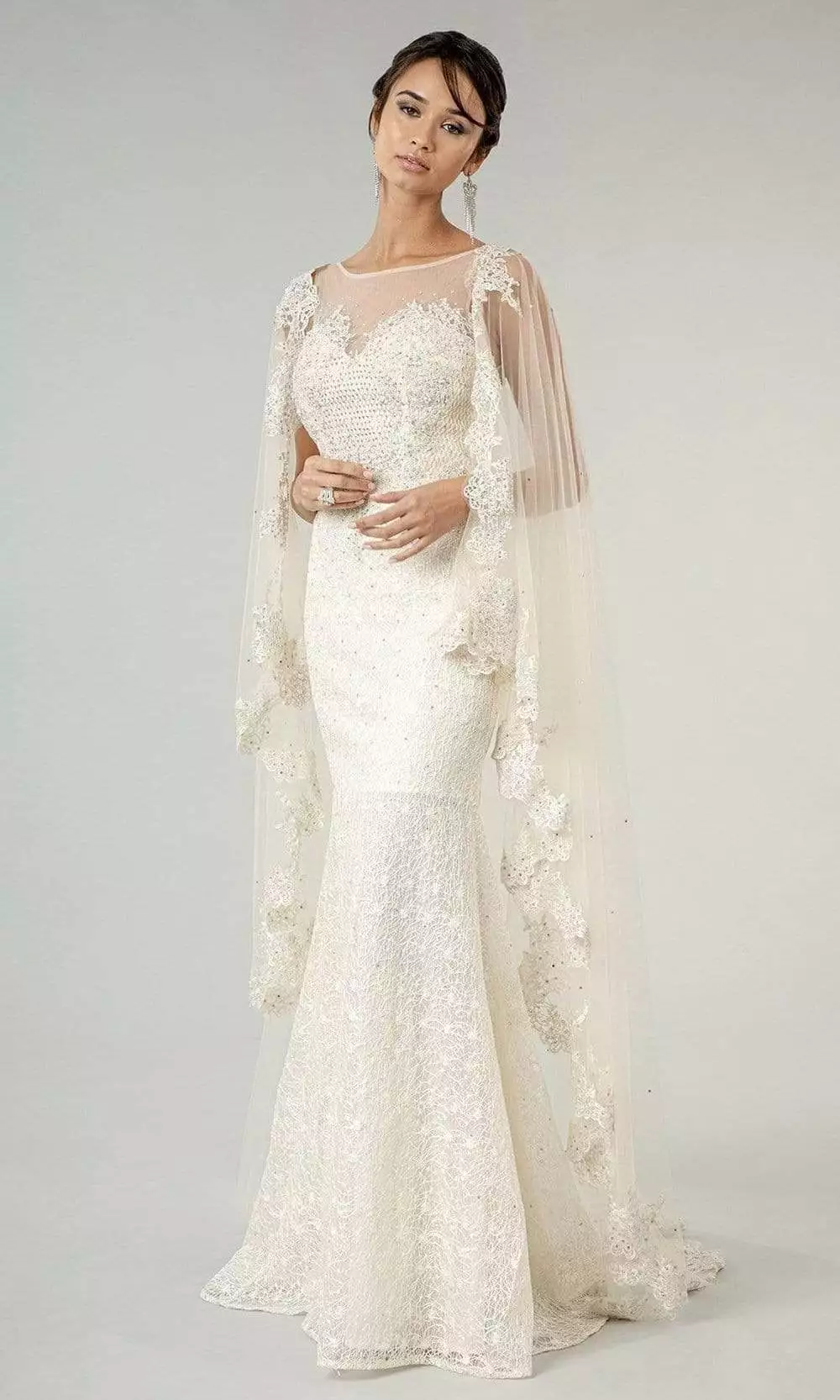 Elizabeth K Bridal Elizabeth K - GL1918 Lace Embroidered Sheath Bridal Gown With Cape 3 Elizabeth K Bridal Elizabeth K - GL1918 Lace Embroidered Sheath Bridal Gown With Cape