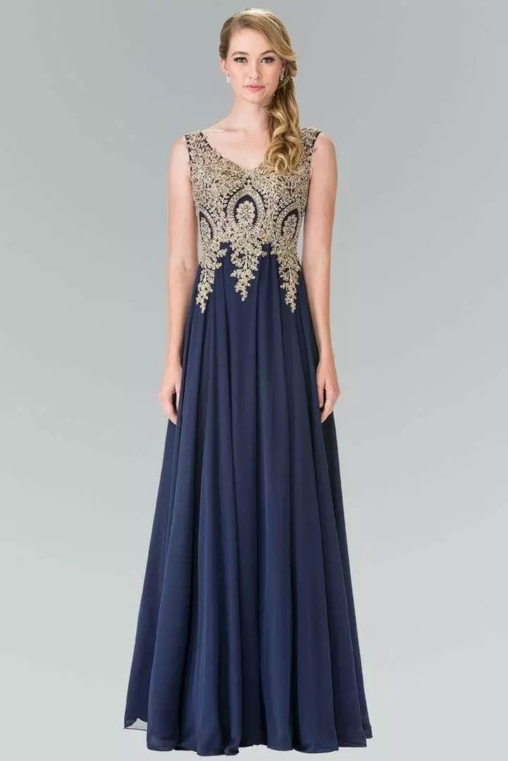 Elizabeth K - GL2311 Intricate Lace V-Neck A-Line Gown - 1 Pc Navy In Size L Available 5 Elizabeth K - GL2311 Intricate Lace V-Neck A-Line Gown - 1 Pc Navy In Size L Available - Image 3