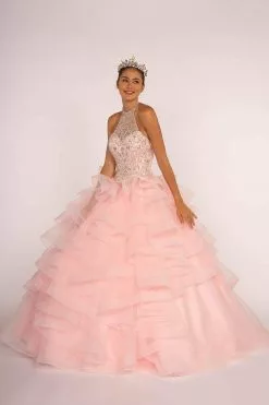 Elizabeth K - GL2512 Ornate Illusion High Halter Ruffled Ballgown