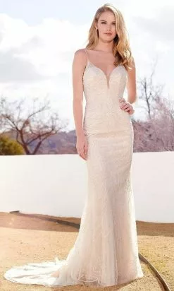 Enchanting By Mon Cheri - 220118 Bedazzled Deep V Neck Fitted Gown