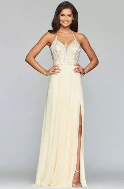 Faviana - S10041 Beaded Deep V-neck Chiffon Dress -Wedding Dresses shop online faviana s10041 beaded deep v neck chiffon dress prom dresses 0 buttercream 13719112745043