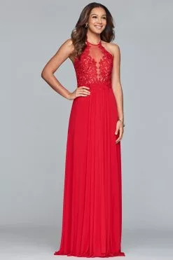 Faviana - S10203 Lace Applique Illusion Halter Evening Dress -Wedding Dresses shop online faviana s10203 lace applique illusion halter evening dress evening dresses 00 red 10701564182611