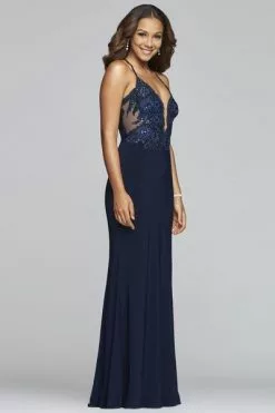 Faviana - S10273 Applique Deep V-neck Jersey Fitted Dress