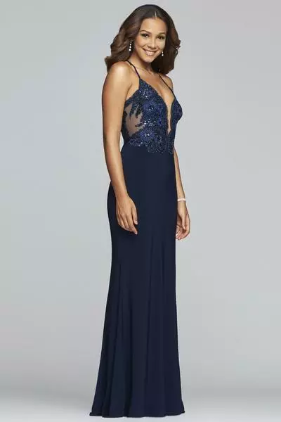 Faviana - S10273 Applique Deep V-neck Jersey Fitted Dress 3 Faviana - S10273 Applique Deep V-neck Jersey Fitted Dress