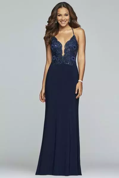 Faviana - S10273 Applique Deep V-neck Jersey Fitted Dress 5 Faviana - S10273 Applique Deep V-neck Jersey Fitted Dress - Image 3