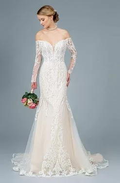 GLS By Gloria - GL1801 Embroidered Deep Off-Shoulder Trumpet Dress