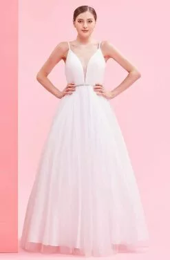J'Adore Dresses - J16001 Sheer Plunging V Neck Sparkle Tulle Ballgown