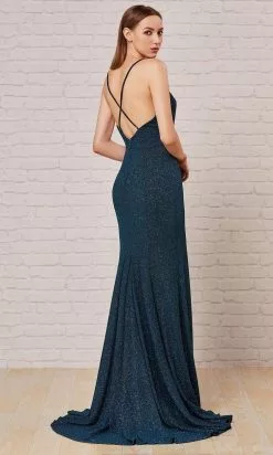 J'Adore Dresses - J18033 Spaghetti Strap Glitter High Slit Gown -Wedding Dresses shop online j adore j18033 spaghetti strap glitter high slit gown evening dresses 15650597339219