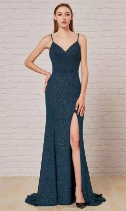J'Adore Dresses - J18033 Spaghetti Strap Glitter High Slit Gown -Wedding Dresses shop online j adore j18033 spaghetti strap glitter high slit gown evening dresses 2 peacock green 15650597404755