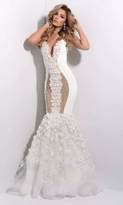 Jasz Couture - 7202 Plunging Neck Floral Applique Mermaid Gown