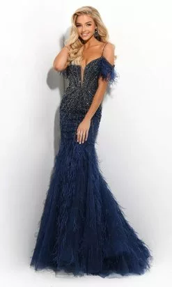Jasz Couture - 7310 Embellished Feathered Trumpet Dress
