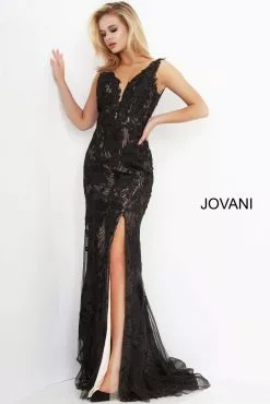 Jovani - 02444 Floral Embroidered Lace Deep V-neck Trumpet Dress -Wedding Dresses shop online jovani 02444 floral embroidered lace deep v neck trumpet dress evening dresses 15466316955731