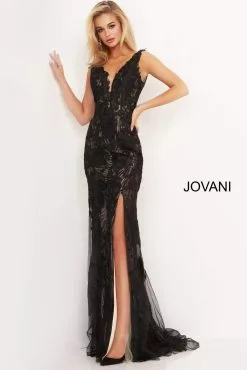 Jovani - 02444 Floral Embroidered Lace Deep V-neck Trumpet Dress -Wedding Dresses shop online jovani 02444 floral embroidered lace deep v neck trumpet dress evening dresses 15466317643859