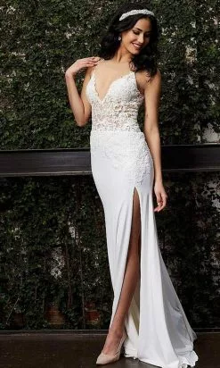 Jovani - 02716 Embroidered Deep V Neck Dress With Slit -Wedding Dresses shop online jovani 02716 embroidered deep v neck dress with slit special occasion dress 28308192624723