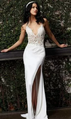 Jovani - 02716 Embroidered Deep V Neck Dress With Slit -Wedding Dresses shop online jovani 02716 embroidered deep v neck dress with slit special occasion dress 28308192657491