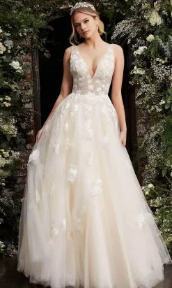 Jovani - 06286 Sheer Floral Applique Bodice Tulle Ballgown -Wedding Dresses shop online jovani 06286 sheer floral applique bodice tulle ballgown bridal dresses 28307995689043