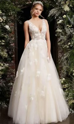 Jovani - 06286 Sheer Floral Applique Bodice Tulle Ballgown -Wedding Dresses shop online jovani 06286 sheer floral applique bodice tulle ballgown bridal dresses 28307995721811