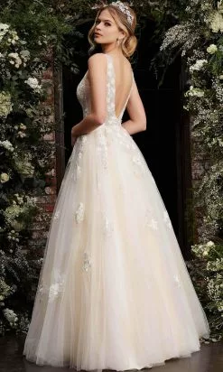 Jovani - 06286 Sheer Floral Applique Bodice Tulle Ballgown -Wedding Dresses shop online jovani 06286 sheer floral applique bodice tulle ballgown bridal dresses 28307995820115