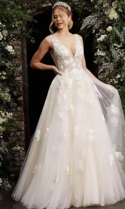 Jovani - 06286 Sheer Floral Applique Bodice Tulle Ballgown -Wedding Dresses shop online jovani 06286 sheer floral applique bodice tulle ballgown bridal dresses 28307995885651