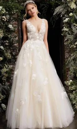 Jovani - 06286 Sheer Floral Applique Bodice Tulle Ballgown -Wedding Dresses shop online jovani 06286 sheer floral applique bodice tulle ballgown bridal dresses 28307995918419