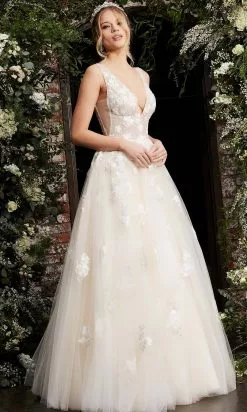 Jovani - 06286 Sheer Floral Applique Bodice Tulle Ballgown -Wedding Dresses shop online jovani 06286 sheer floral applique bodice tulle ballgown bridal dresses 28307995983955
