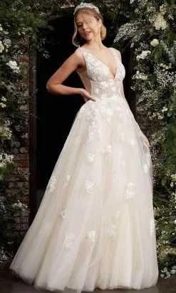 Jovani - 06286 Sheer Floral Applique Bodice Tulle Ballgown -Wedding Dresses shop online jovani 06286 sheer floral applique bodice tulle ballgown bridal dresses 28307996082259