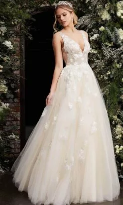 Jovani - 06286 Sheer Floral Applique Bodice Tulle Ballgown -Wedding Dresses shop online jovani 06286 sheer floral applique bodice tulle ballgown bridal dresses 28307996213331
