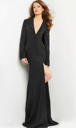 Jovani 07552 - V-Neck Front Slit Evening Gown