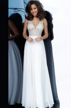 JVN By Jovani - JVN00944 Jeweled Floral Illusion Bodice Chiffon Gown -Wedding Dresses shop online jovani jvn00944 jeweled floral illusion bodice chiffon gown prom dresses 28069924798547