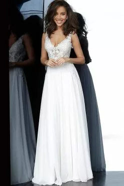 JVN By Jovani - JVN02308 Embroidered Plunging V-neck A-line Gown -Wedding Dresses shop online jovani jvn02308 embroidered plunging v neck a line gown prom dresses 13206242590803