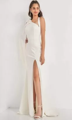 JVN By Jovani - JVN2516 Asymmetric Sheath Dress With Slit And Train -Wedding Dresses shop online jovani jvn2516 asymmetric sheath dress with slit and train evening dresses 27945208709203
