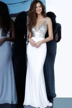 JVN By Jovani - JVN4240 Sequined Plunging V-Neck Sheath Dress -Wedding Dresses shop online jovani jvn4240 sequined plunging v neck sheath dress evening dresses 13290346283091