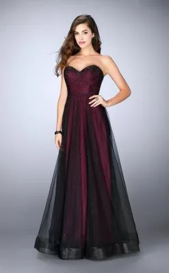 La Femme - 23723 Rhinestone-Studded Sweetheart Overlay Long Evening Gown -Wedding Dresses shop online la femme 23723 rhinestone studded sweetheart overlay long evening gown special occasion dress 00 boysenberry black 5514765008953