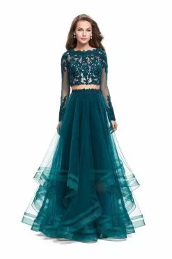 La Femme - 25300 Two-Piece Illusion Appliqued Bodice Tulle Gown -Wedding Dresses shop online la femme 25300 two piece illusion appliqued bodice tulle gown special occasion dress 00 deep teal 5512104345657