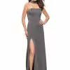 La Femme - 25735 High Neck Fitted Slit Dress -Wedding Dresses shop online la femme 25735 high neck fitted slit dress special occasion dress 00 charcoal 5512260583481