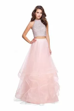 La Femme - 26077 Two-Piece Bejeweled High Halter Tulle Cascade Gown -Wedding Dresses shop online la femme 26077 two piece bejeweled high halter tulle cascade gown special occasion dress 00 blush 5511622754361