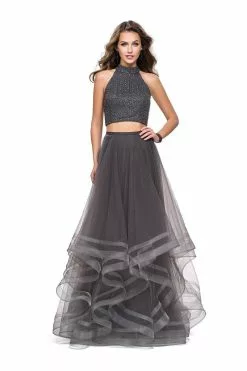 La Femme - 26077 Two-Piece Bejeweled High Halter Tulle Cascade Gown -Wedding Dresses shop online la femme 26077 two piece bejeweled high halter tulle cascade gown special occasion dress 00 gunmetal 5511622787129