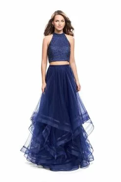 La Femme - 26077 Two-Piece Bejeweled High Halter Tulle Cascade Gown