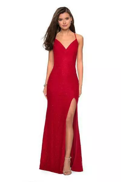 La Femme - 27614 Lace V-Neck Strappy Gown With Slit 6 La Femme - 27614 Lace V-Neck Strappy Gown With Slit - Image 4