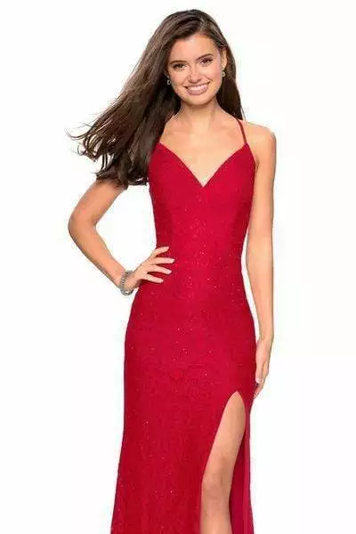 La Femme - 27614 Lace V-Neck Strappy Gown With Slit 7 La Femme - 27614 Lace V-Neck Strappy Gown With Slit - Image 5