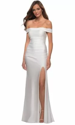La Femme - 28506 Off Shoulder Tie Low-Cut Open Back Jersey Prom Dress -Wedding Dresses shop online la femme 28506 off shoulder tie low cut open back jersey prom dress prom dresses 00 white 31762942689363
