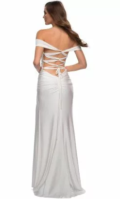 La Femme - 28506 Off Shoulder Tie Low-Cut Open Back Jersey Prom Dress -Wedding Dresses shop online la femme 28506 off shoulder tie low cut open back jersey prom dress prom dresses 31762943049811