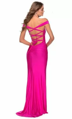 La Femme - 28506 Off Shoulder Tie Low-Cut Open Back Jersey Prom Dress -Wedding Dresses shop online la femme 28506 off shoulder tie low cut open back jersey prom dress prom dresses 31762943148115